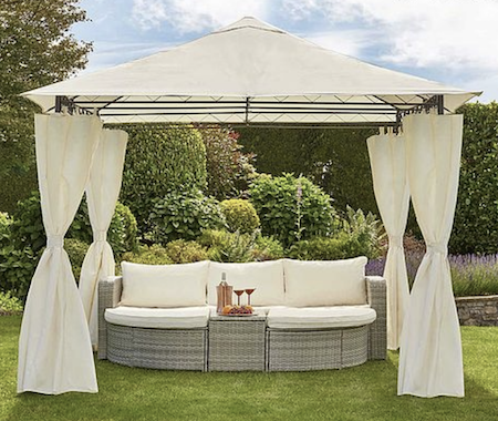Square gazebo with curtains.