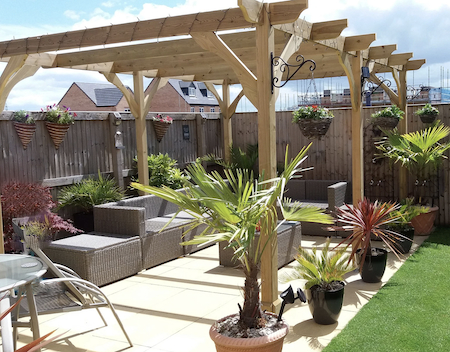 Traditional wooden walkway pergola with six posts